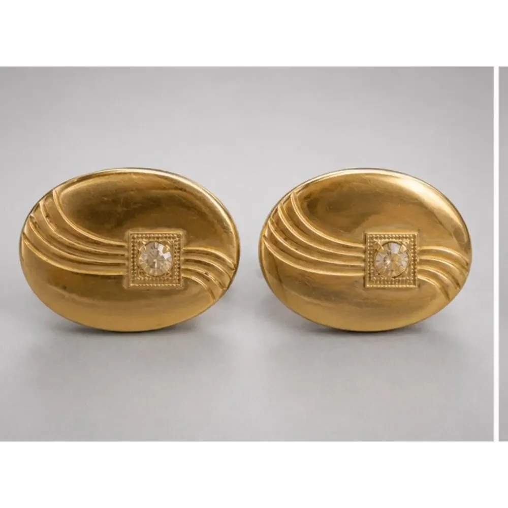 Vintage Anson Cufflinks Gold-tone Rhinestone Mid-century Cuff Links Oval cl-